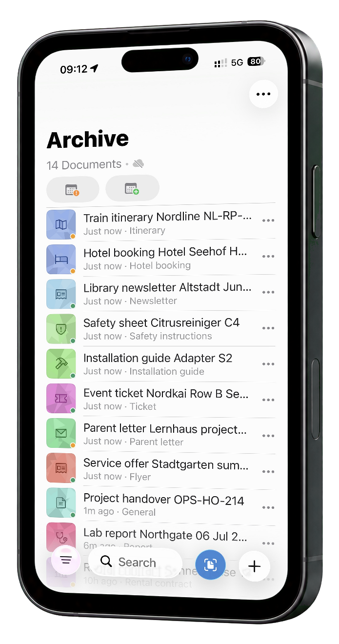 Aktuelle App-Ansicht des durchsuchbaren Dokumentenarchivs.