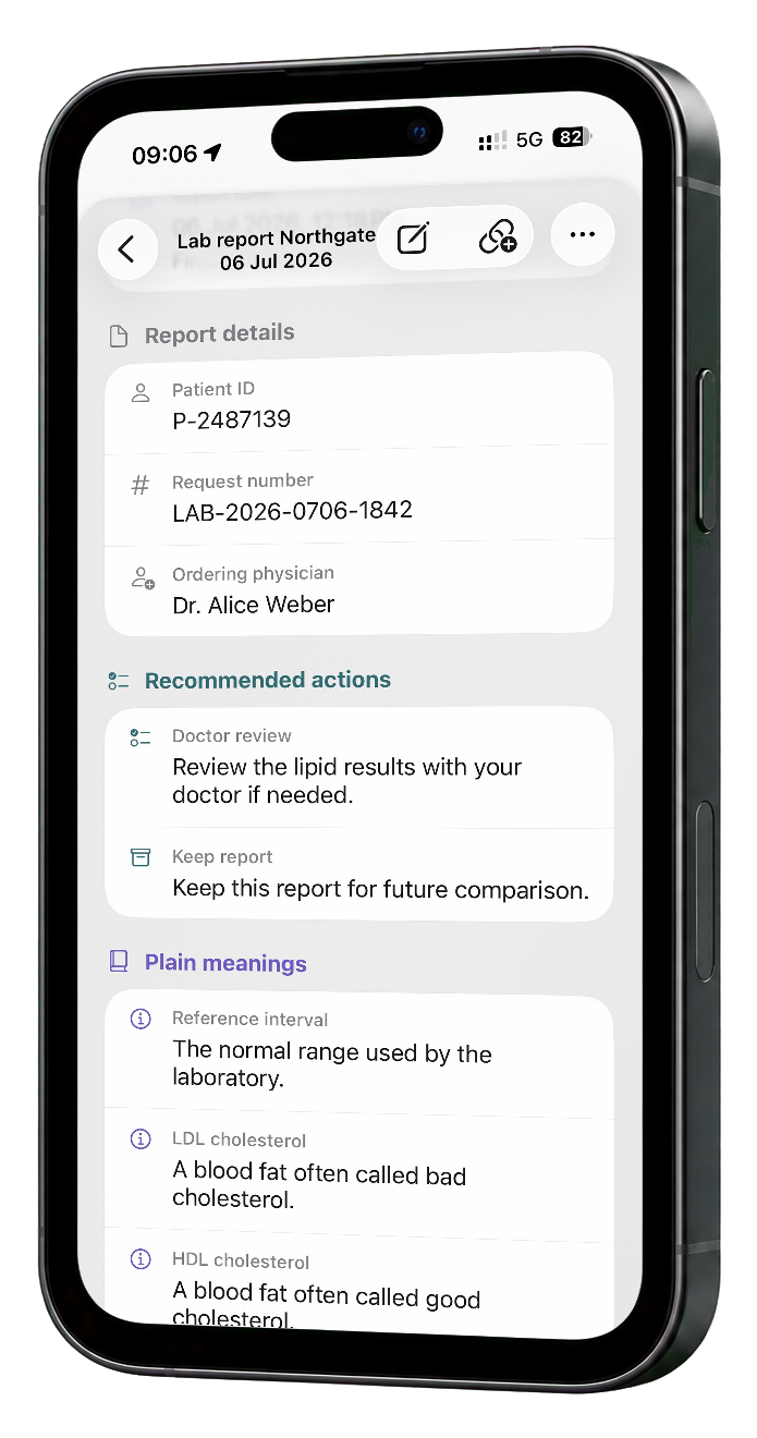 Huidige app-weergave met de belangrijkste informatie uit een brief.