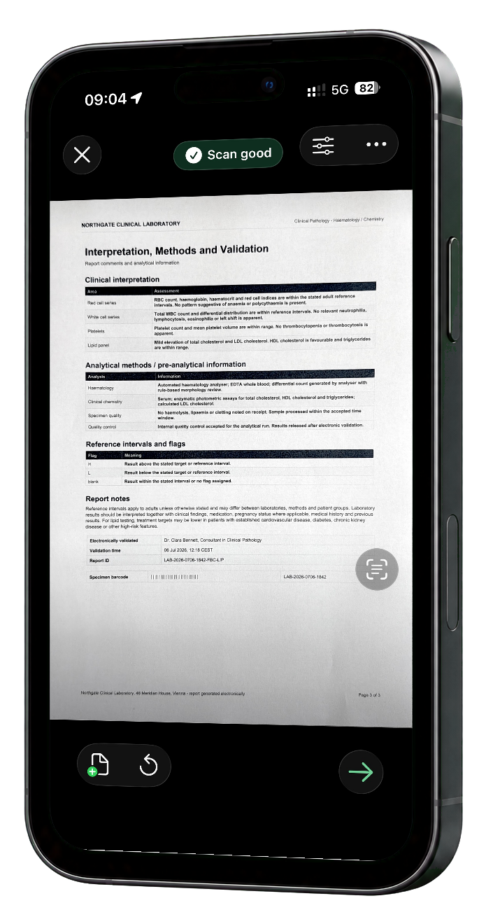Huidige app-weergave voor het scannen van een document.