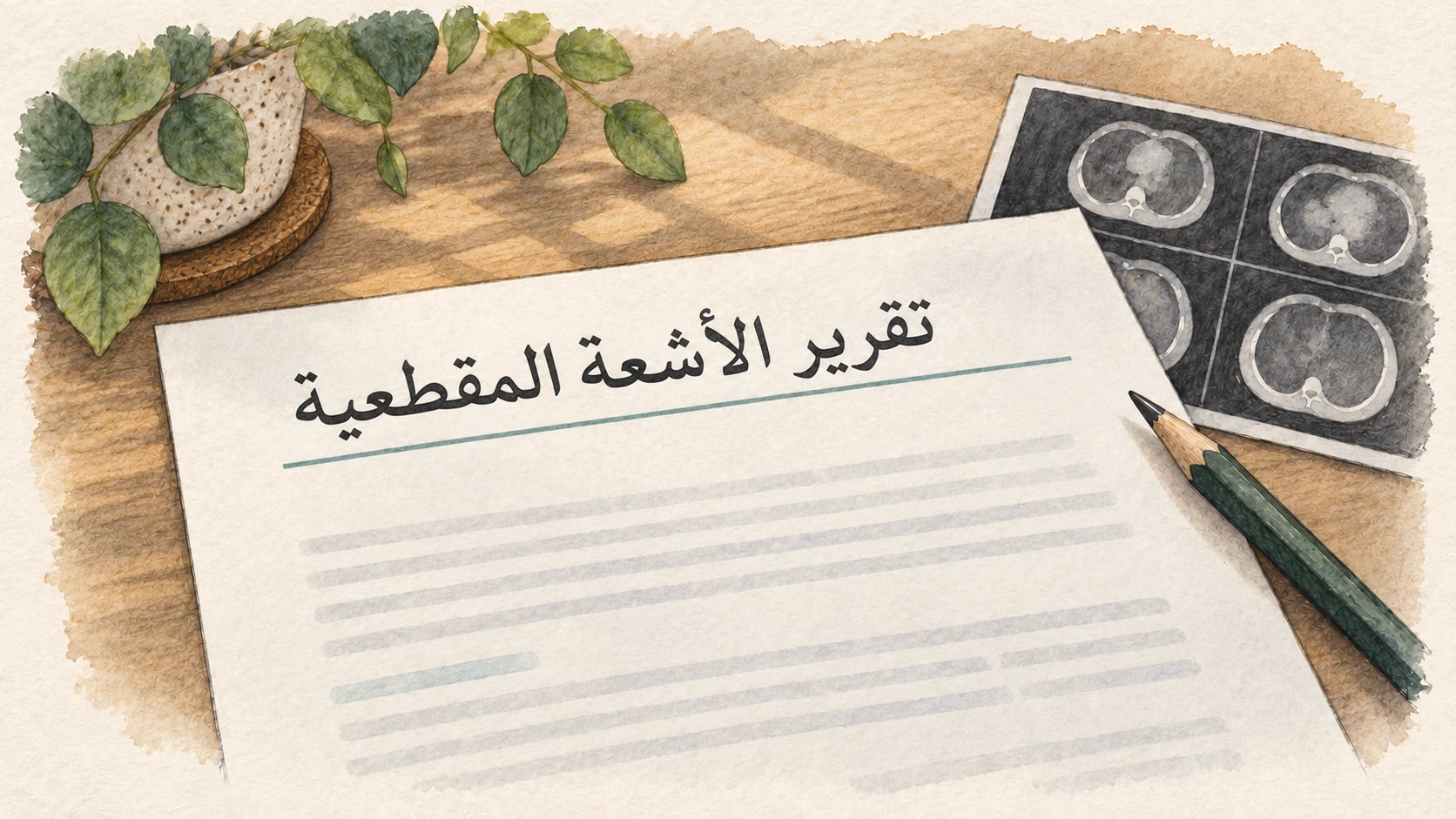 رسم توضيحي لمقال يصوّر تقرير أشعة مقطعية على ورق.