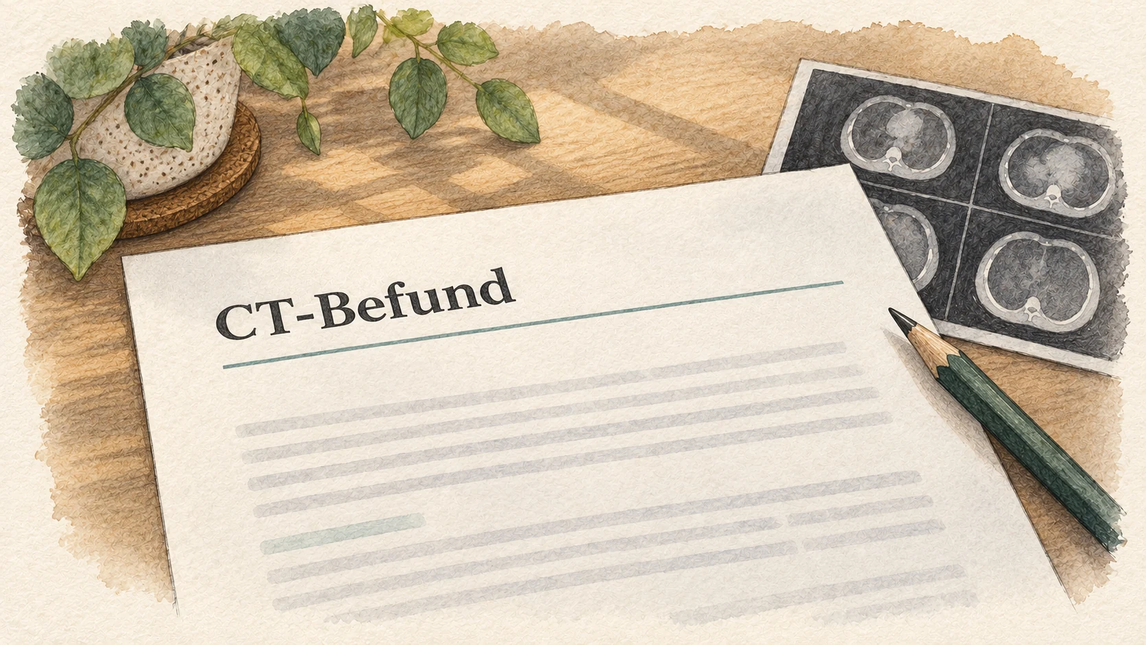 Redaktionelle Illustration eines CT-Befunds auf Papier.