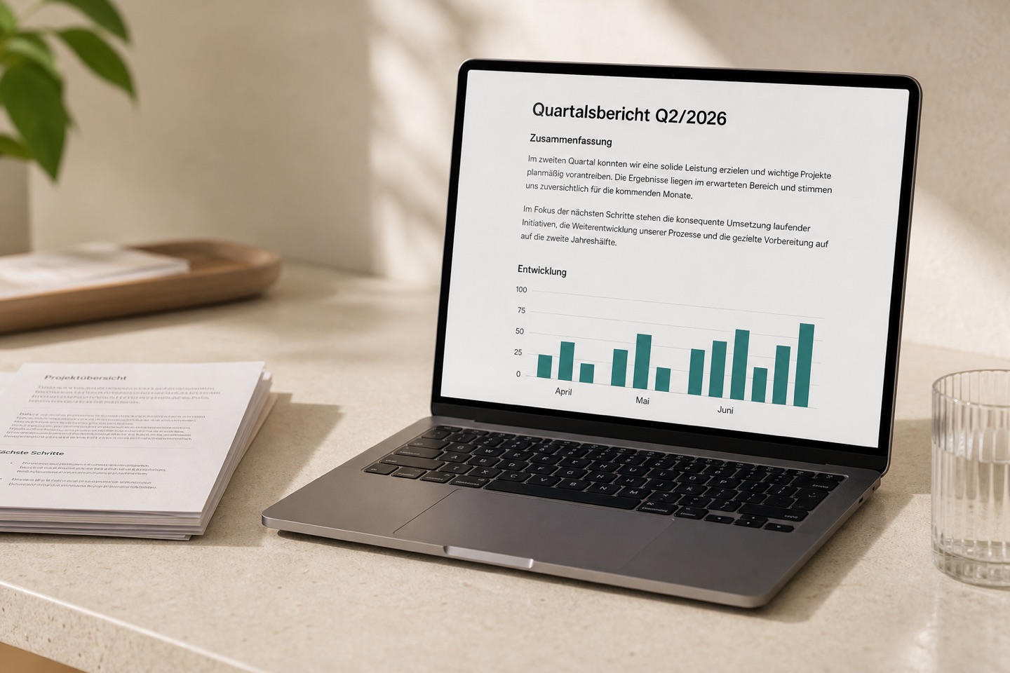 Laptop mit realistisch gesetztem PDF-Bericht und Diagramm.