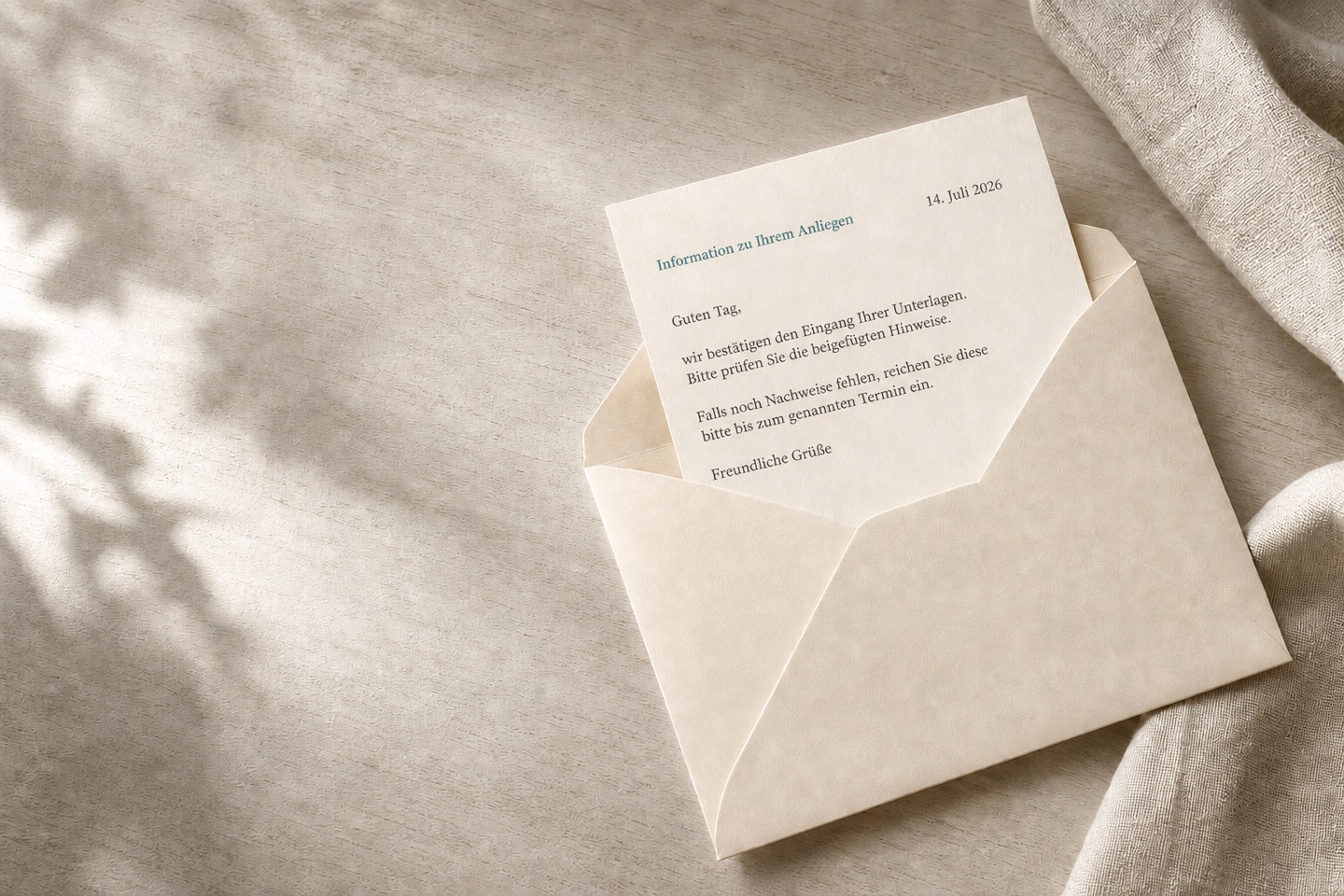 Geöffneter Brief mit realistisch gesetztem Text auf einem hellen Schreibtisch.