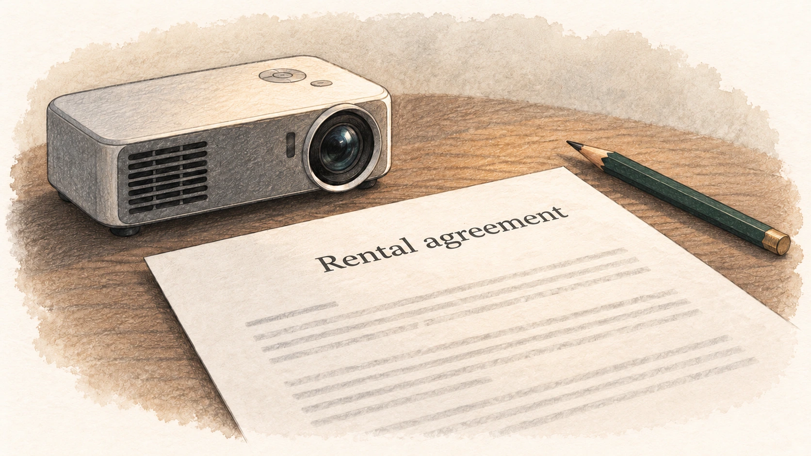 Illustration: a rental agreement with a projector in the background.