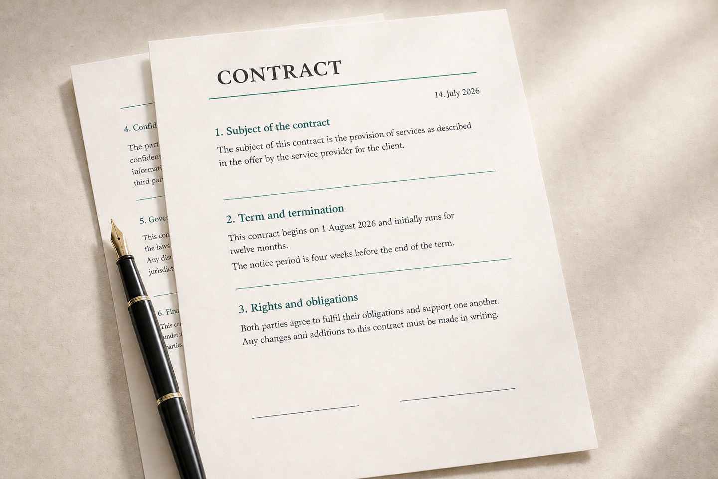 Realistisch opgemaakt contract met looptijd en opzegtermijn naast een vulpen.