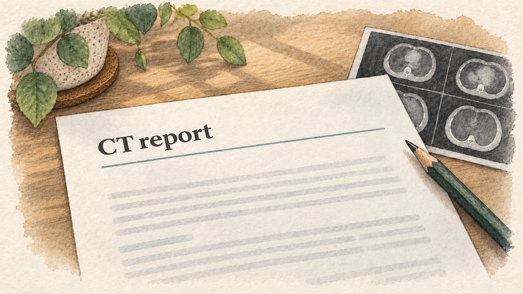 Editorial illustration of a CT report on paper.