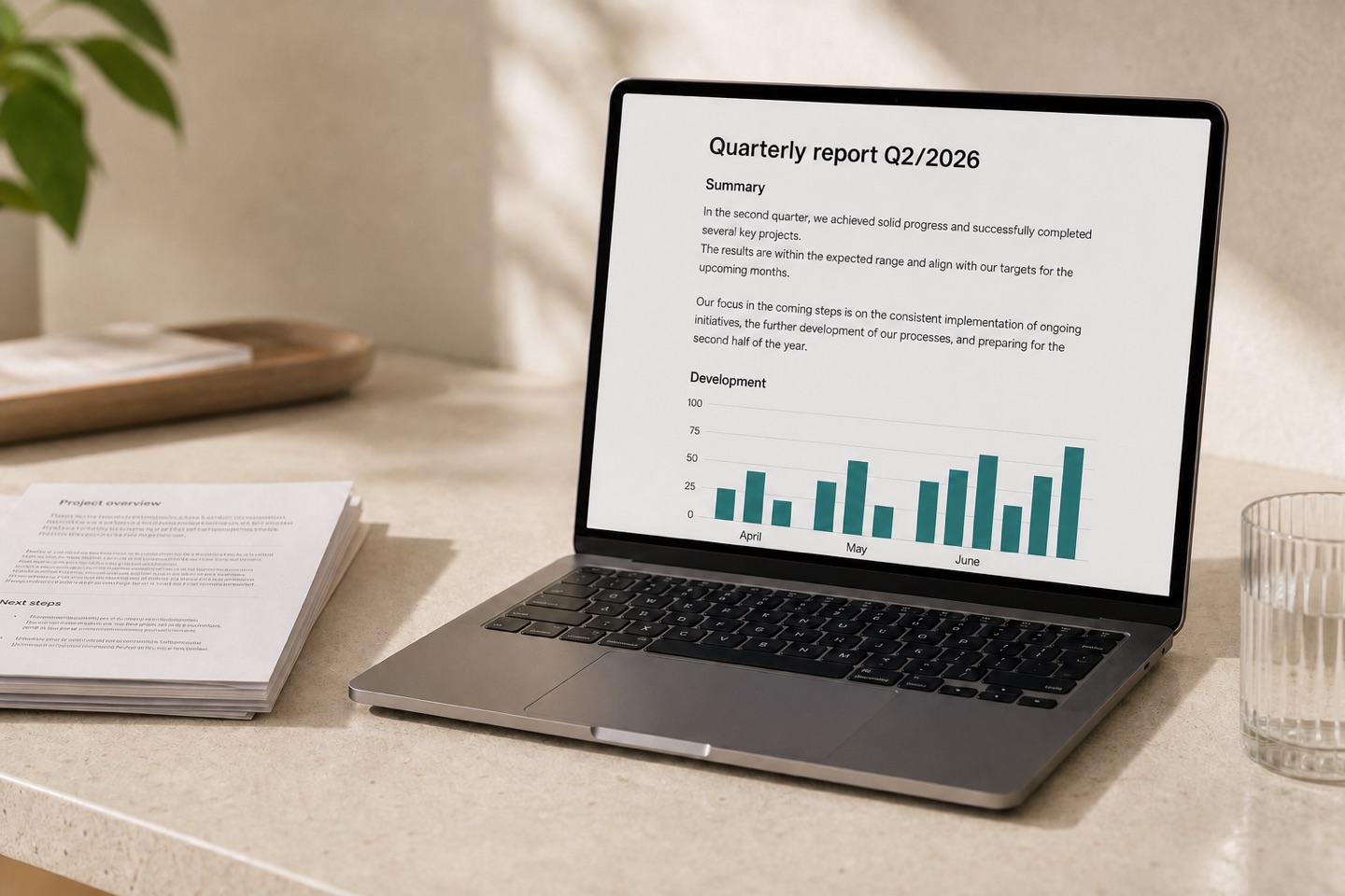 Laptop met een realistisch opgemaakt PDF-rapport en een grafiek.