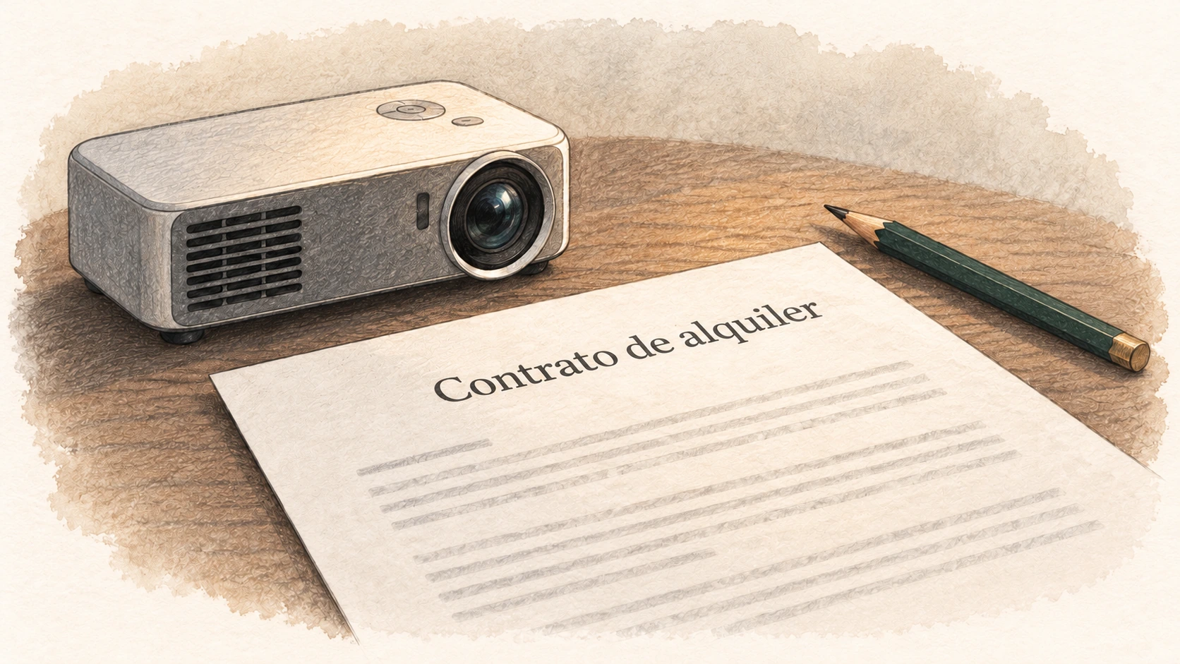 Ilustración: un contrato de alquiler con un proyector al fondo.