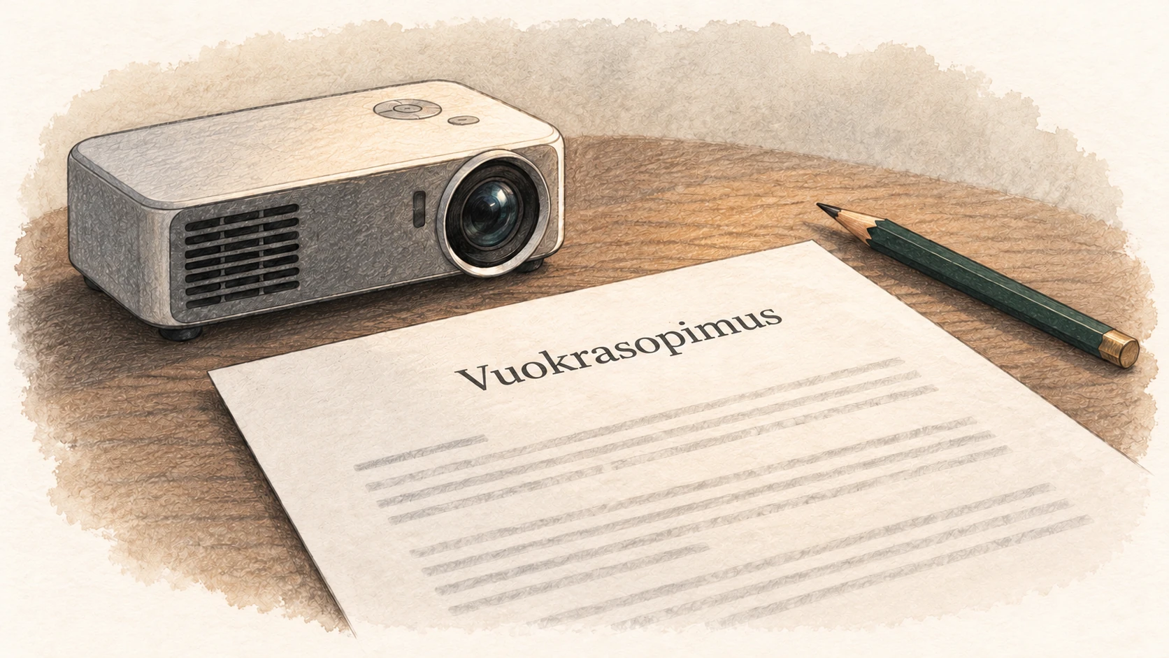 Kuvitus: vuokrasopimus ja projektori taustalla.