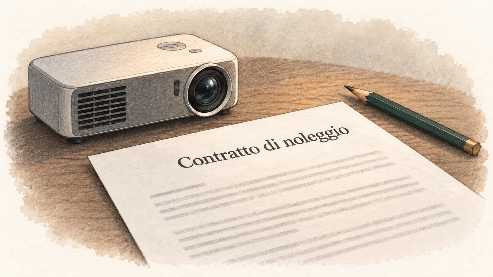 Illustrazione: un contratto di noleggio con un proiettore sullo sfondo.