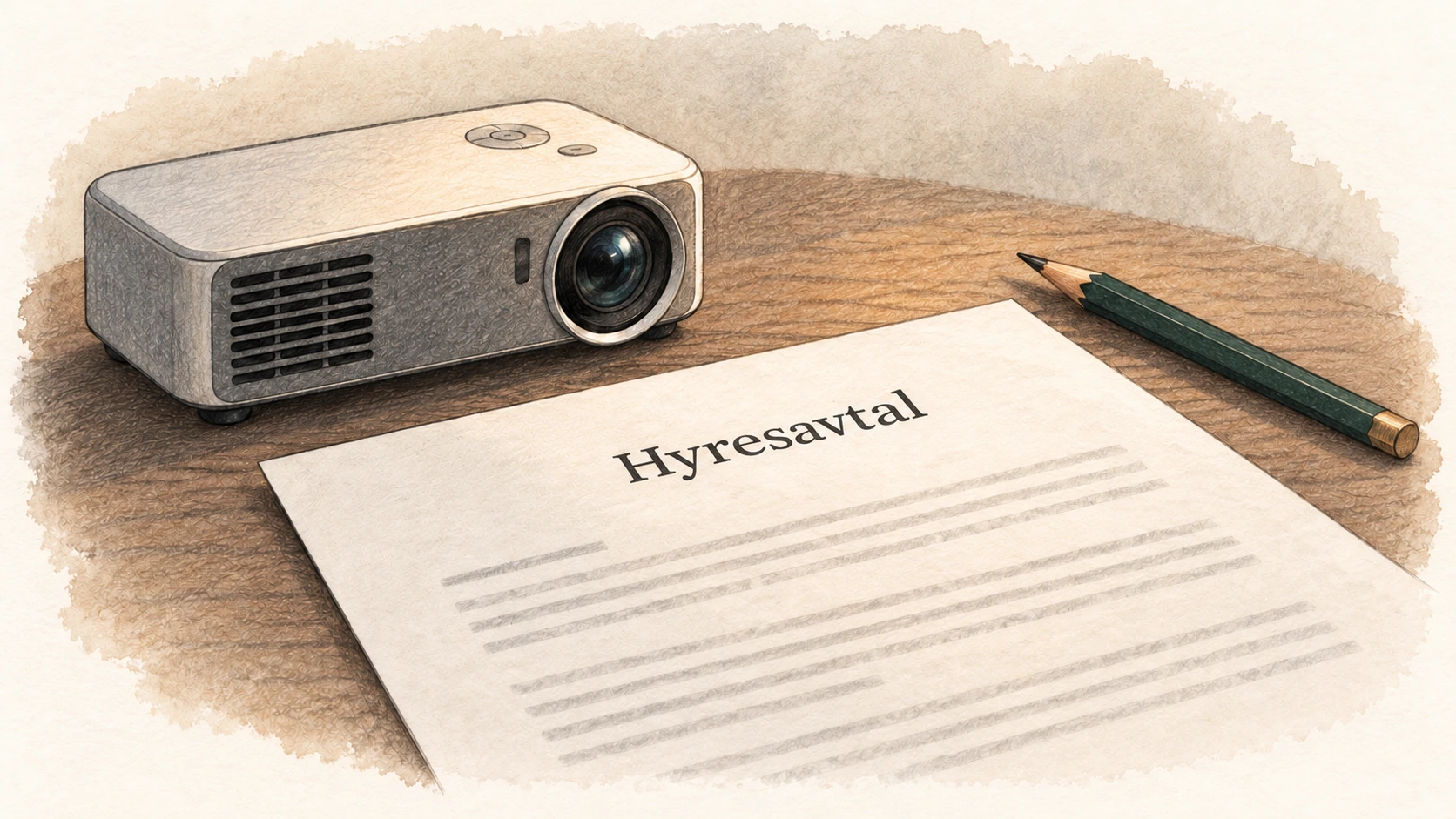 Illustration: ett hyresavtal med en projektor i bakgrunden.