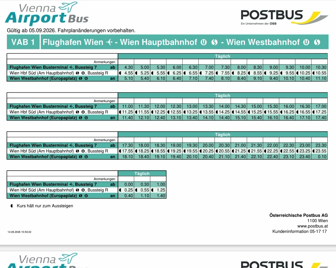Der online gefundene Fahrplan des Flughafenbusses in der Originalaufnahme.