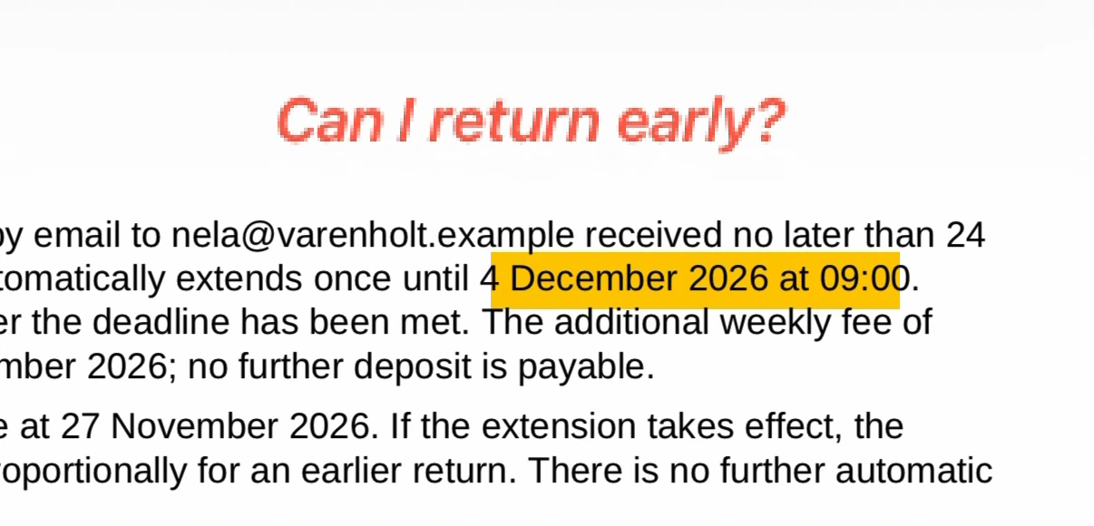 La nuova data di fine noleggio è evidenziata e l’utente ha scritto Can I return early? in rosso