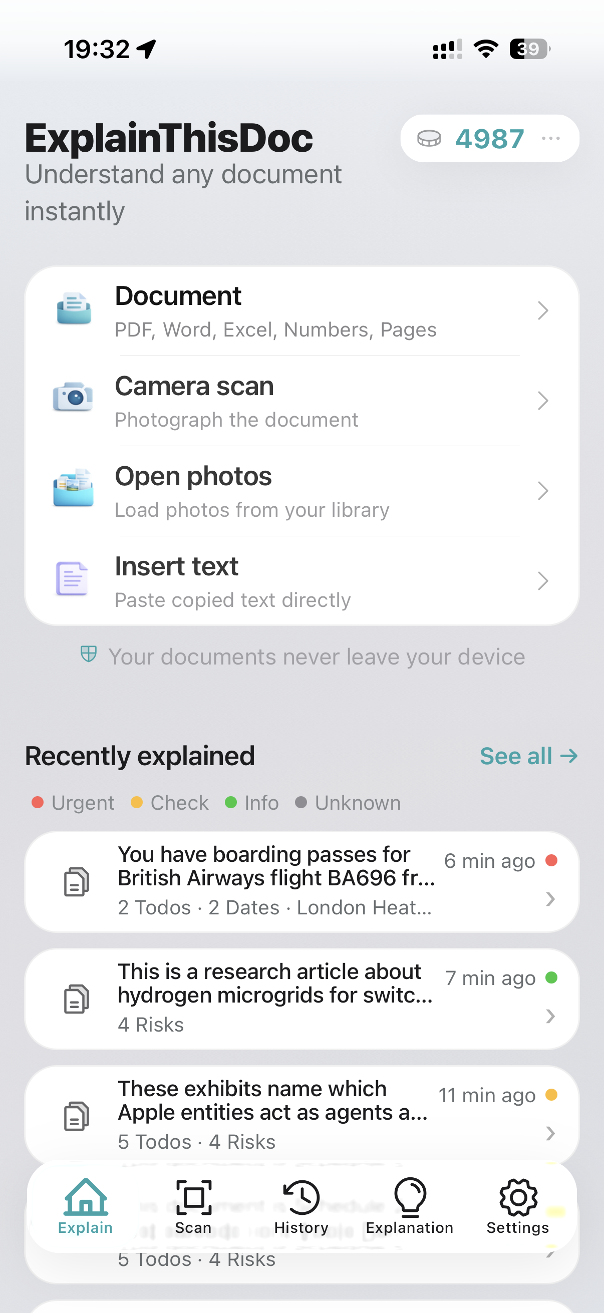 Home screen with import options and history