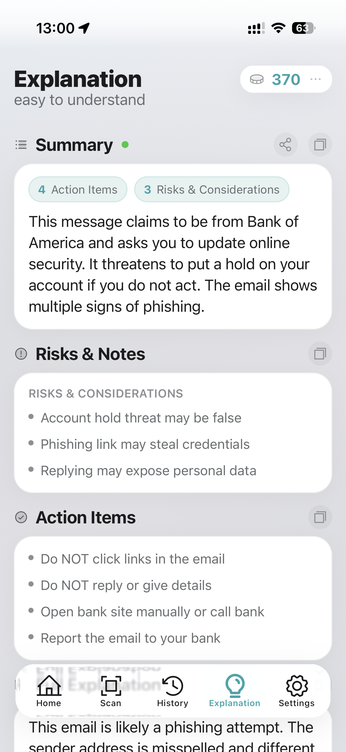 Suspected bank phishing with account lock threat
