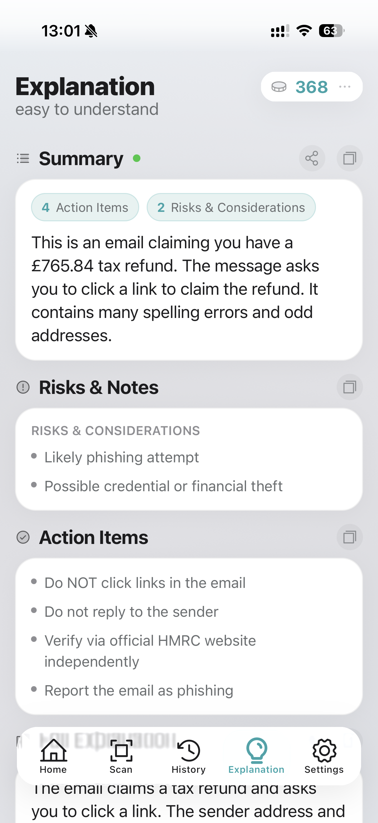 Suspicious email claiming a tax refund with a malicious link
