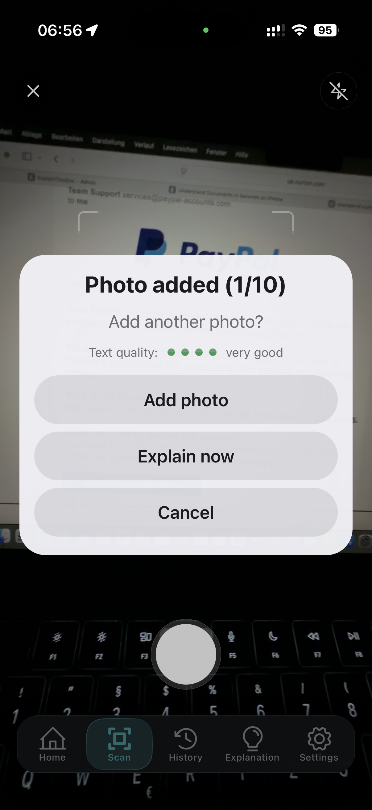 Camera scan with confirmed photo in ExplainThisDoc