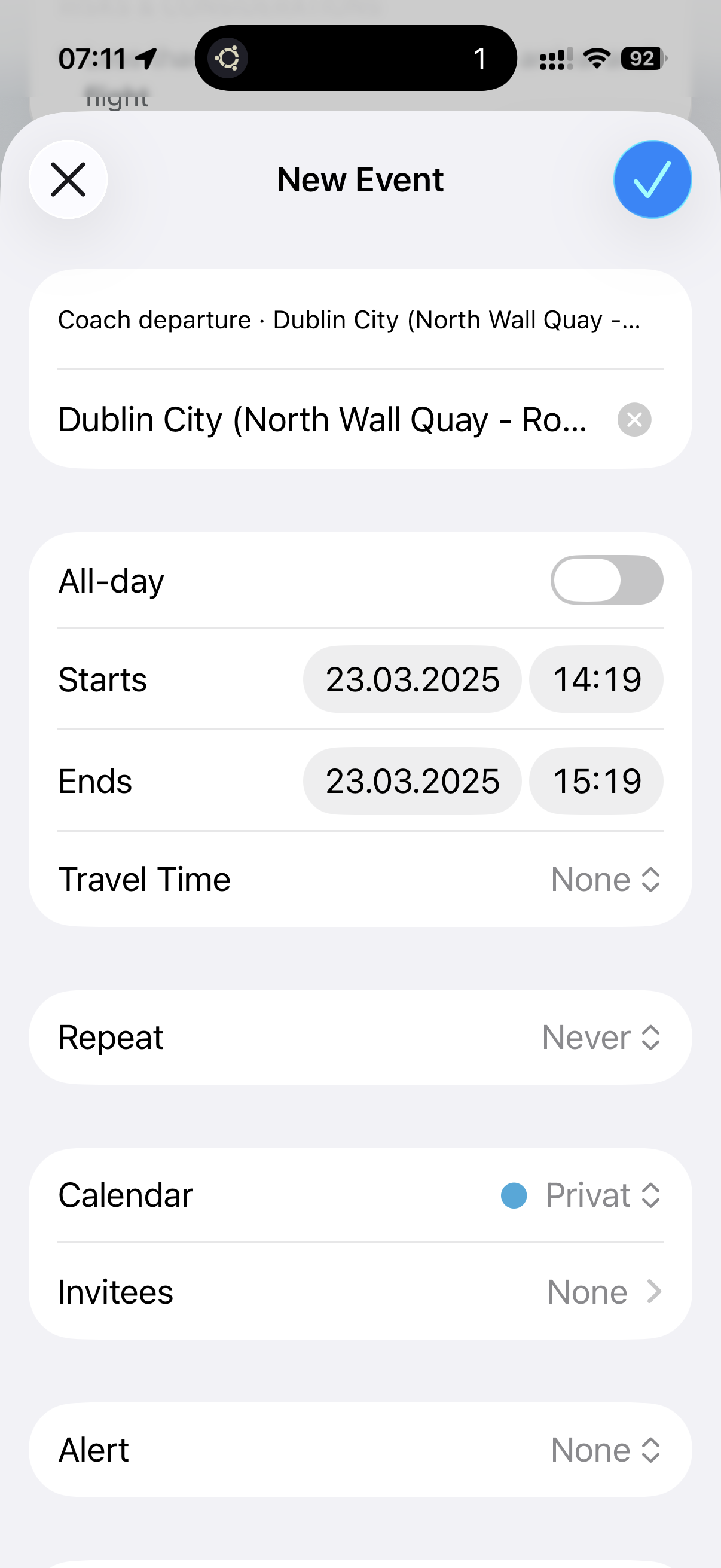 Date is transferred to calendar with one tap