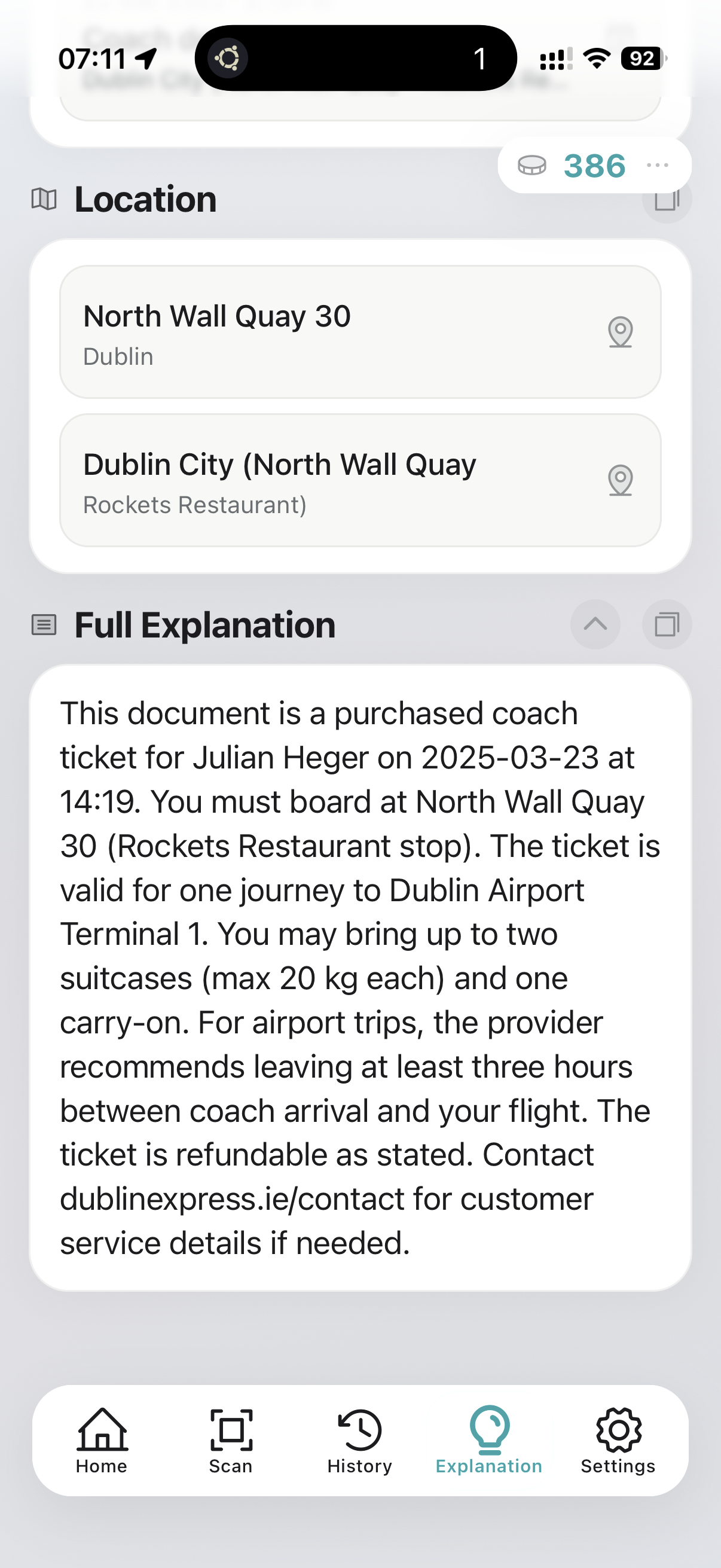 Explanation view with locations and full explanation