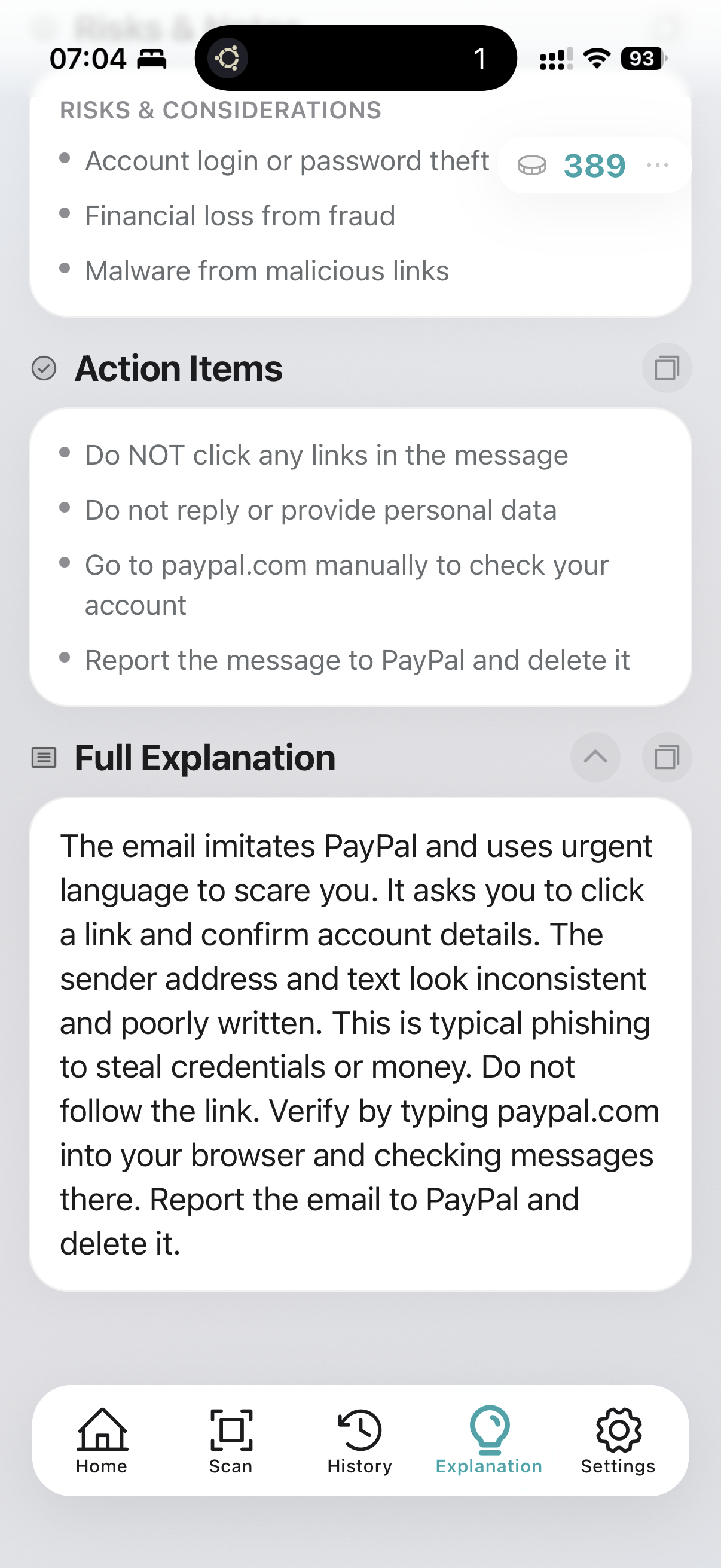 To-dos and full explanation for a phishing message