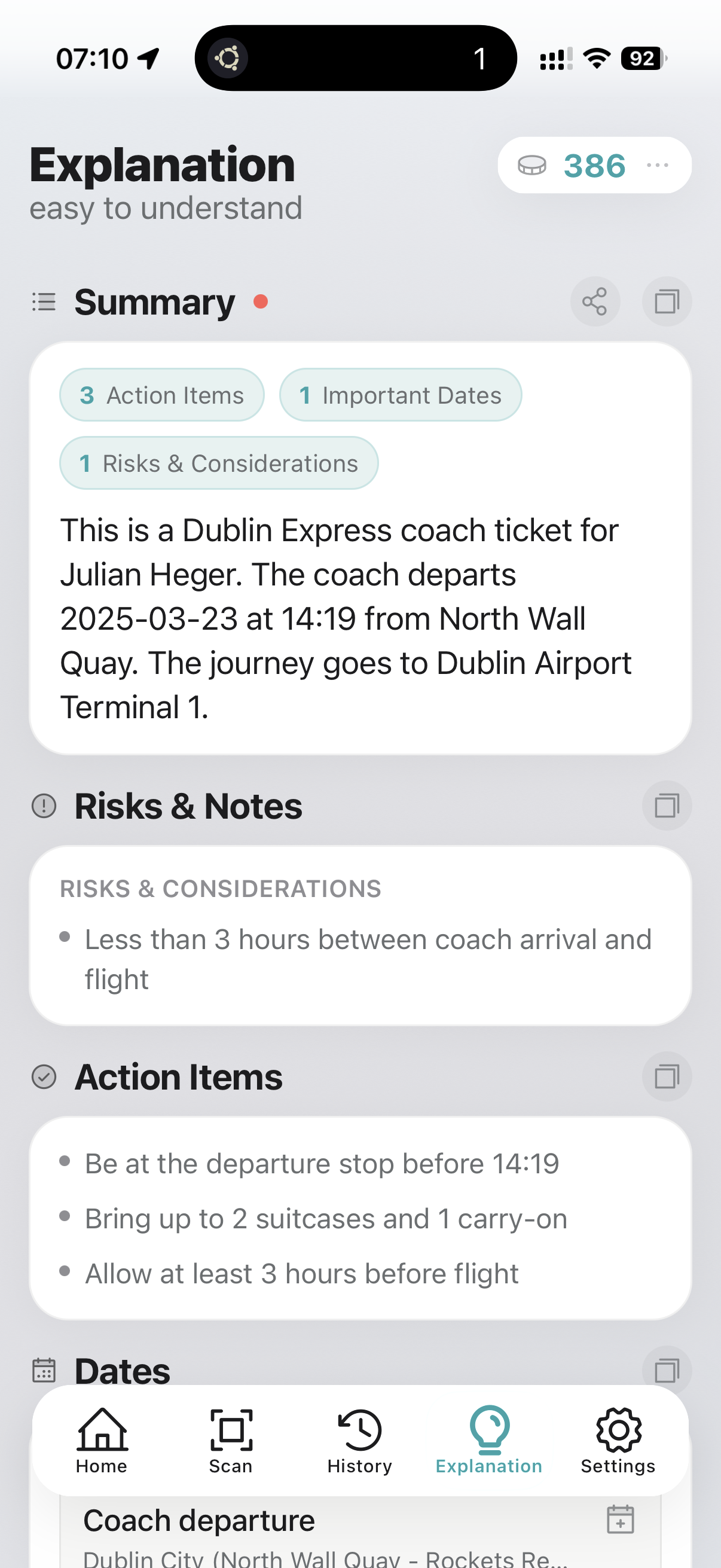 Explanation view with summary, risks, notes, and to-dos