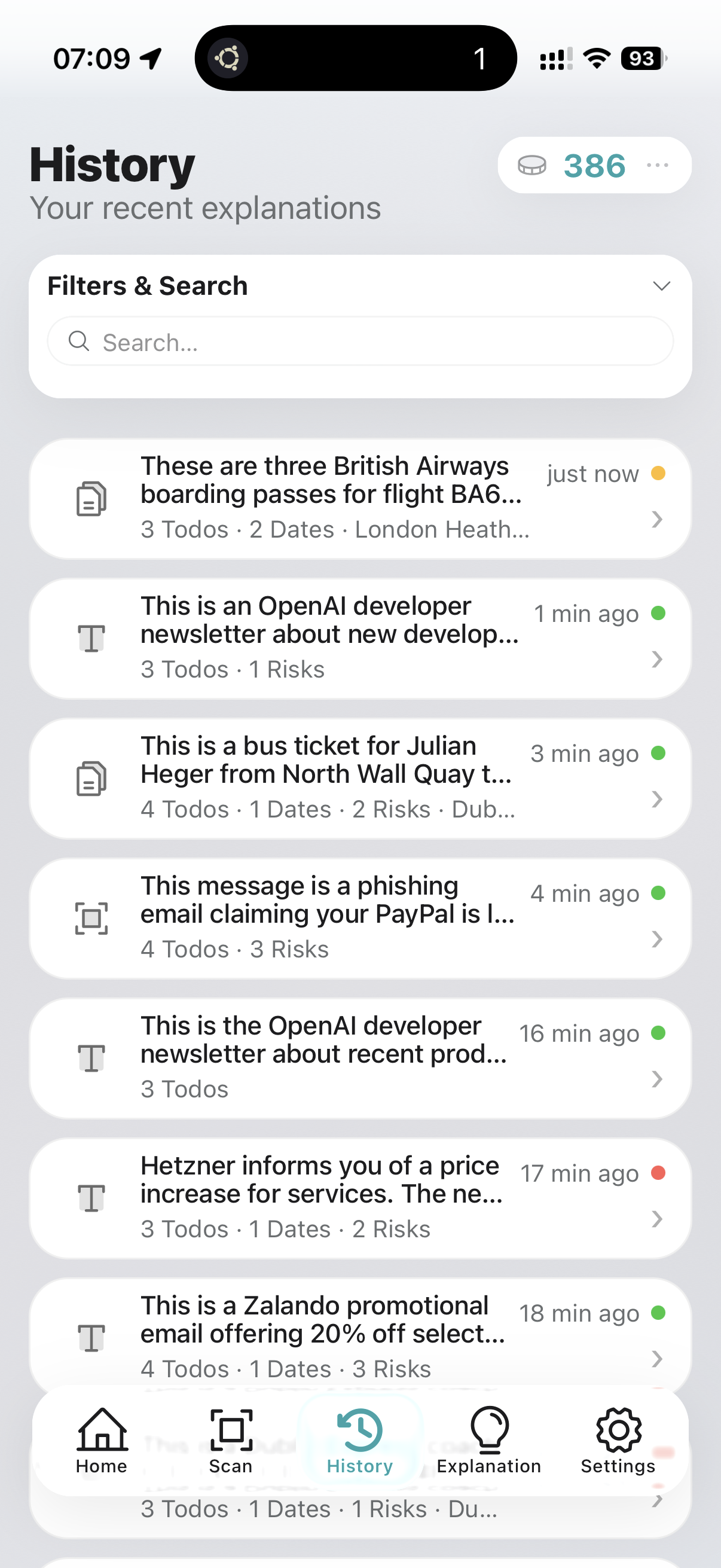 History list for fast access to all analyses