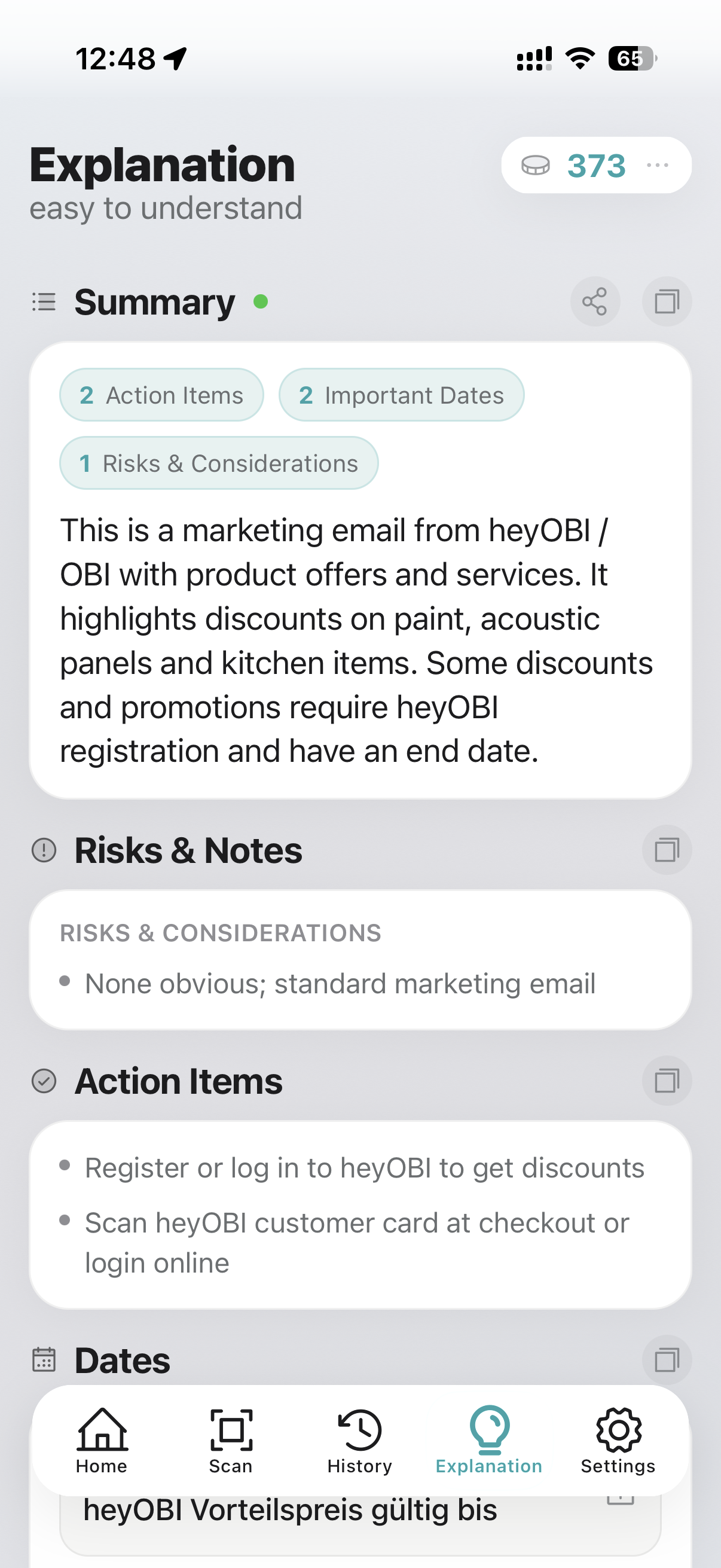 Analysis of an email with summary, risks, and dates