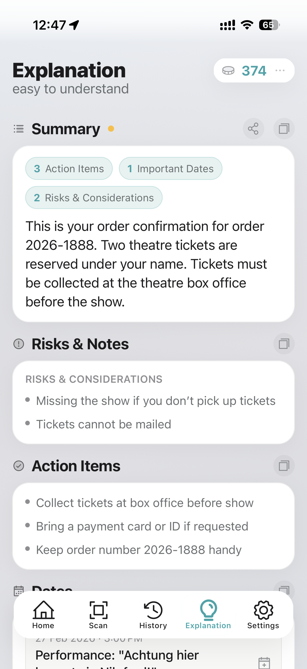 Analysis of an invoice or order confirmation with concrete action items