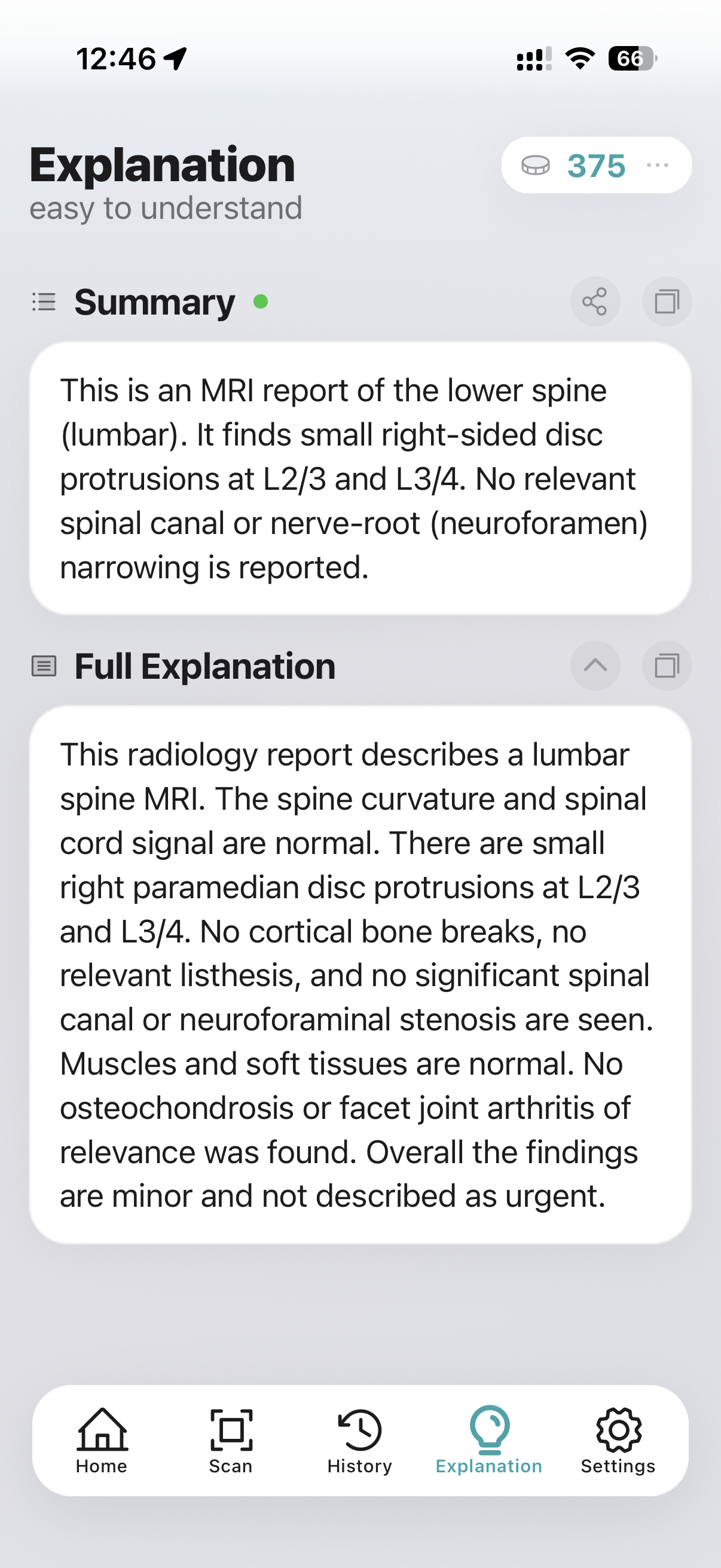 Analysis of a medical finding with a clear summary